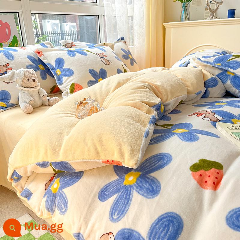 Sữa làm đặc nhung vỏ chăn mùa đông Plus nhung mùa đông nhung san hô vỏ chăn 1 flannel đơn chăn 4 bộ - Thỏ năm lá [nhung sữa cao cấp]