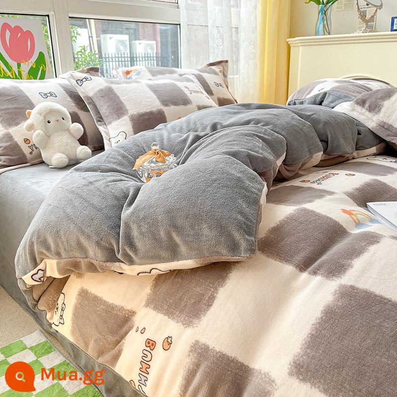 Sữa làm đặc nhung vỏ chăn mùa đông Plus nhung mùa đông nhung san hô vỏ chăn 1 flannel đơn chăn 4 bộ - Gấu kẻ sọc [nhung sữa cao cấp]