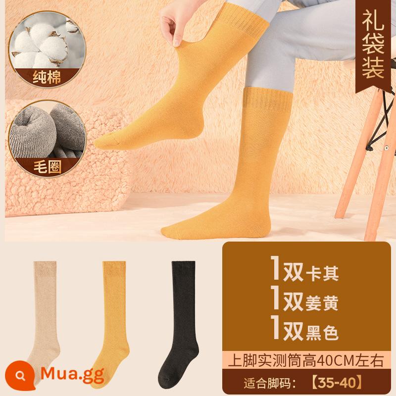 Henngyuanxiang Vớ bông nguyên chất Mùa thu và mùa đông ấm áp và nhung, mùa đông Dothoran Anti -cotton TOCT SOCKS - [Áo cao cấp nữ] Plus nhung và dày dặn - 1 kaki 1 vàng 1 đen