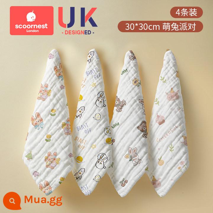 Khăn lau nước bọt cho bé sơ sinh cotton nguyên chất siêu mềm khăn vuông nhỏ cho bé khăn mặt đặc biệt sản phẩm dành cho trẻ em khăn gạc - [4 dải in mật độ cao] Thiên đường thỏ dễ thương 30 * 30 bốn tầng