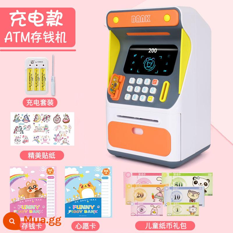 Tiền gửi tự động ATM dành cho trẻ em và heo đất tiết kiệm máy rút tiền chỉ có thể ra vào ô mật khẩu dành cho bé trai và bé gái 2023 mới - Máy ATM nhận dạng khuôn mặt màu cam [hút tiền tự động] phiên bản có thể sạc lại