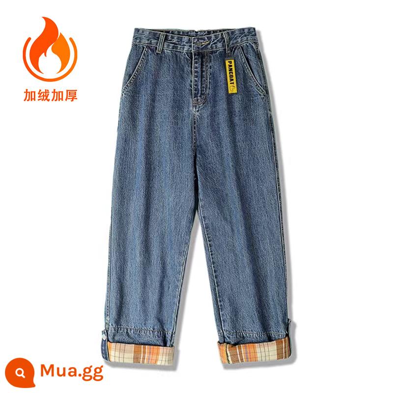 PANCOAT thiết kế mùa xuân và mùa thu quần jean ống rộng nam mùa thu 2023 thương hiệu mới hợp thời trang quần tất phù hợp - Màu xanh đậm cộng với nhung