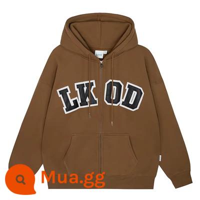 LKSTORE LKOD2022 mùa thu đông mới da nhãn giản dị Plus nhung có mũ trùm đầu triều thương hiệu cặp đôi áo khoác hoodie - màu nâu (chữ màu đen)