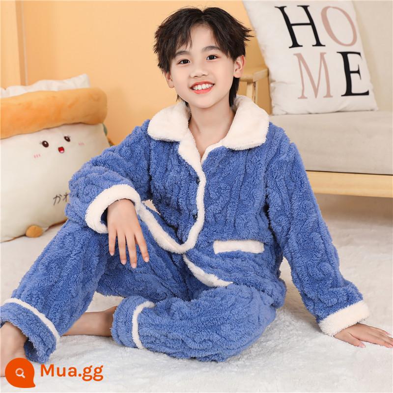 Bộ đồ ngủ trẻ em mùa đông Plus nhung dày bé trai mùa đông bé gái bé trai flannel bé gái san hô mặc nhà quần áo - THPJ Con Công Xanh Nam