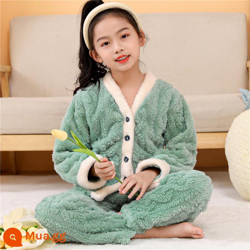 Bộ đồ ngủ trẻ em mùa đông Plus nhung dày bé trai mùa đông bé gái bé trai flannel bé gái san hô mặc nhà quần áo - Cô nàng táo xanh viền trắng