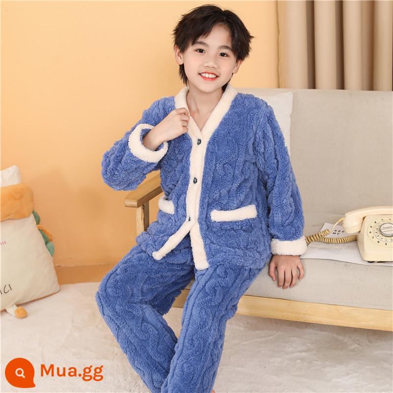 Bộ đồ ngủ trẻ em mùa đông Plus nhung dày bé trai mùa đông bé gái bé trai flannel bé gái san hô mặc nhà quần áo - Bầu trời trắng con công xanh