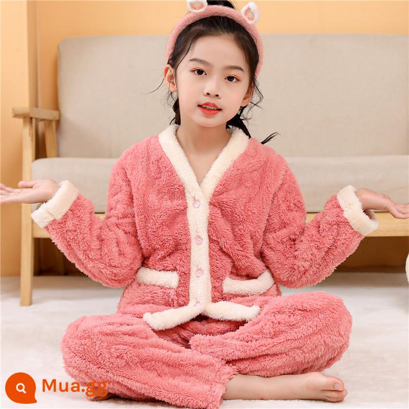 Bộ đồ ngủ trẻ em mùa đông Plus nhung dày bé trai mùa đông bé gái bé trai flannel bé gái san hô mặc nhà quần áo - viền trắng tây đỏ nữ