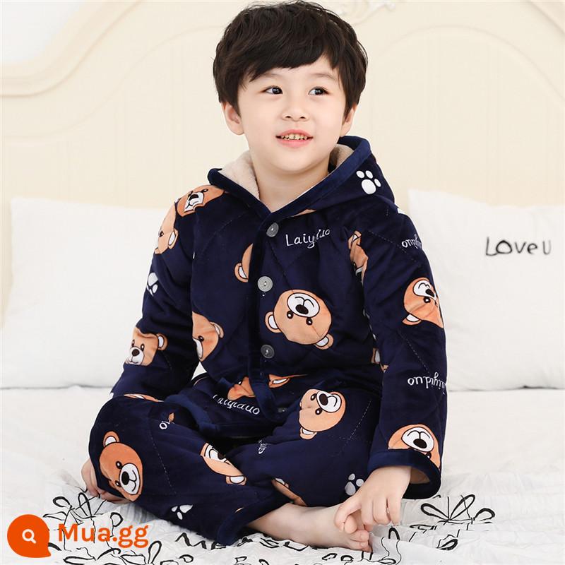 Biểu đồ đồ ngủ có hương vị trẻ em Cotton Bông dày hơn, đồ ngủ cho trẻ em lớn, quần áo nhà của Coral Velvet Boys - Mũ nhung pha lê ba lớp JH gấu xanh