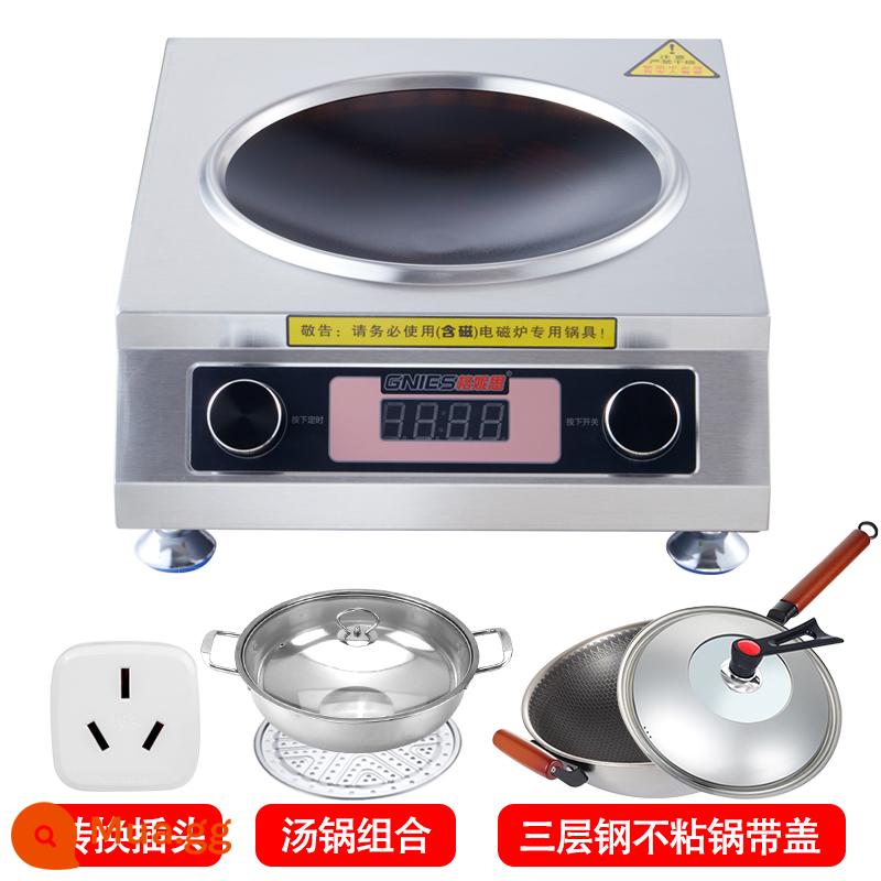 Bếp điện từ thương mại công suất cao 3500W lõm hộ gia đình Khách sạn 4200W với ngọn lửa dữ dội bếp điện từ mới lò chiên - Núm đôi + Nồi chống dính thép 33.5CM + Nồi súp (thích hợp cho 1-6 người)