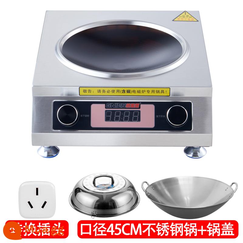 Bếp điện từ thương mại công suất cao 3500W lõm hộ gia đình Khách sạn 4200W với ngọn lửa dữ dội bếp điện từ mới lò chiên - Núm đôi + nồi inox 45CM (thích hợp cho 5-15 người)