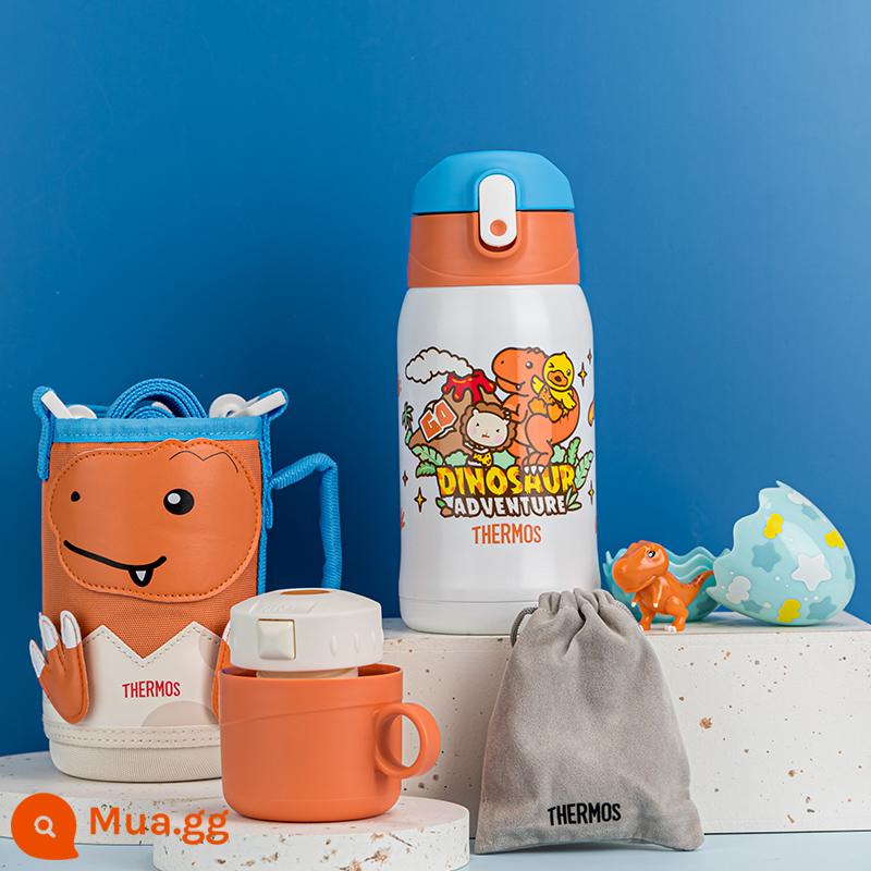 [Cửa hàng hàng đầu] Cốc cách nhiệt hai lớp Thermos trẻ em cốc ống hút cho bé cốc tập uống cốc nước dung tích lớn di động - Mô hình khớp khủng long (màu cam)