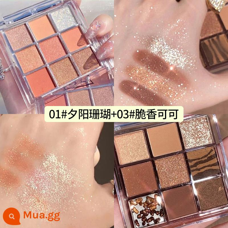 Bảng phấn mắt sô cô la Jiugongge Long lanh bột ngọc trai Matte Earth Color Pure Desire Trang điểm khỏa thân Parity Student Phấn mắt 9 màu - [2 hộp] 1#Sunset Coral + 3#Cocoa giòn (tặng kèm thỏi phấn mắt)