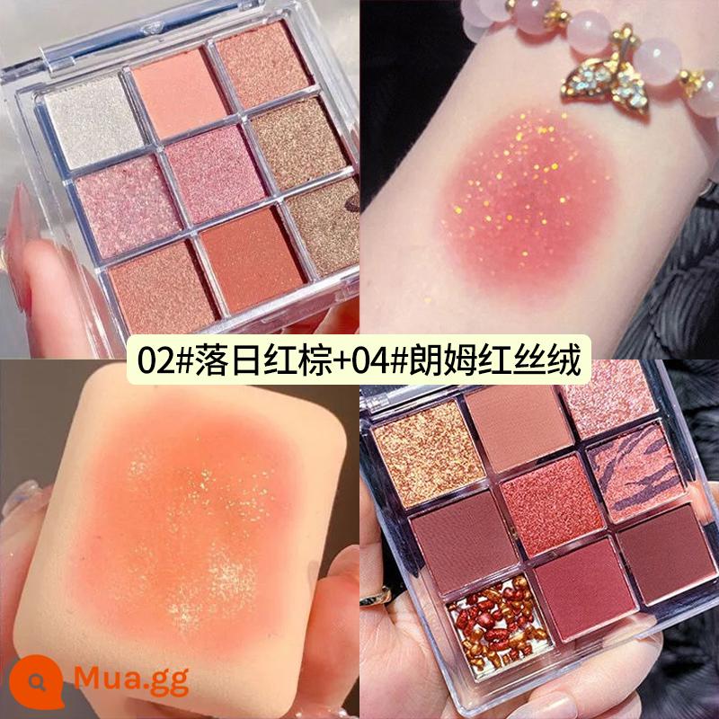 Bảng phấn mắt sô cô la Jiugongge Long lanh bột ngọc trai Matte Earth Color Pure Desire Trang điểm khỏa thân Parity Student Phấn mắt 9 màu - [2 hộp] 2# Sunset Red Brown + 4# Rum Red Velvet (tặng kèm cọ phấn mắt)