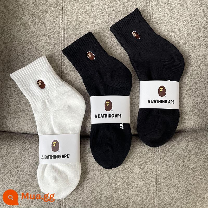 bape ape đầu triều Nhật vớ thêu cao ống dày vớ đồng màu giữa ống khăn trắng đáy vớ thể thao mùa xuân và mùa thu - Đen + đen + trắng [3 cặp] [ống vừa]