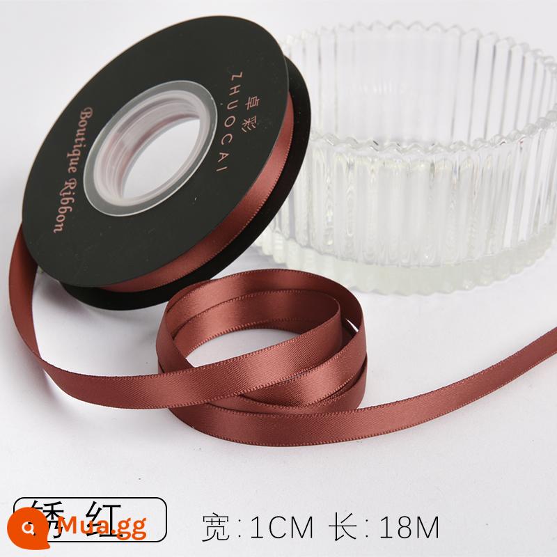 Zhuocai 1 cm hai mặt sợi polyester ruy băng bó hộp quà tặng bao bì nướng phụ kiện tóc bện tóc buộc tóc nơ - rỉ sét màu đỏ