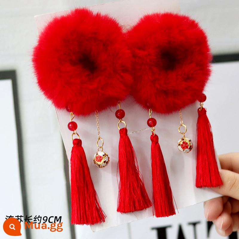 Mũ trùm đầu năm mới cho trẻ em Hanfu màu đỏ cổ sang trọng vòng tóc bé gái bé gái lễ hội chúc mừng năm mới phụ kiện tóc - Cặp tua đôi màu đỏ