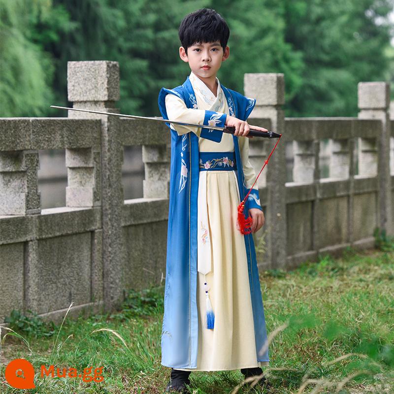 Hanfu nam 2023 mùa xuân mới và mùa hè cao cấp dành cho trẻ em nghiên cứu Trung Quốc thiếu gia trang phục biểu diễn trang phục cổ trang Tang phù hợp với phong cách Trung Quốc siêu cổ tích - thanh kiếm + xanh