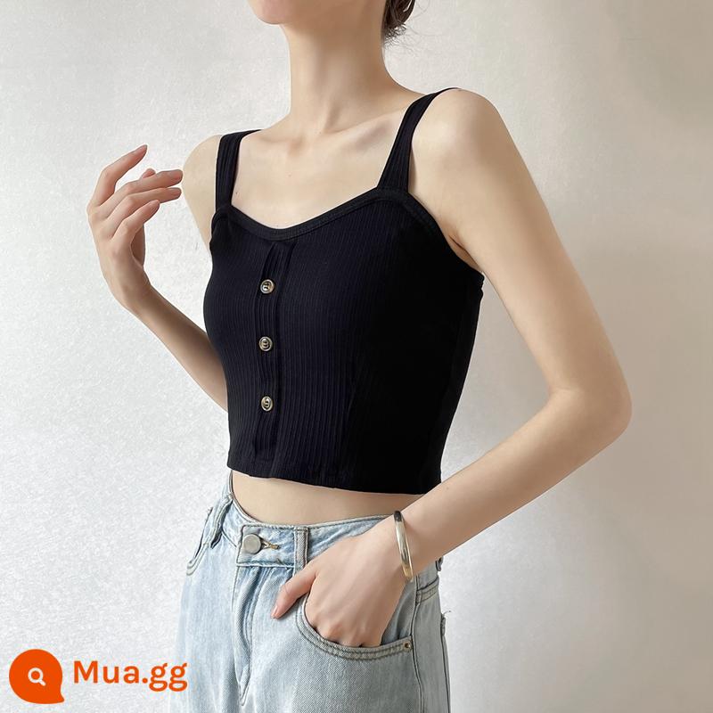 Áo vest ngắn bằng cotton phối ren có đệm ngực Áo khoác ngoài nữ kiểu Pháp không tay dây rốn dáng ôm vừa vặn đáy hợp thời trang - đen