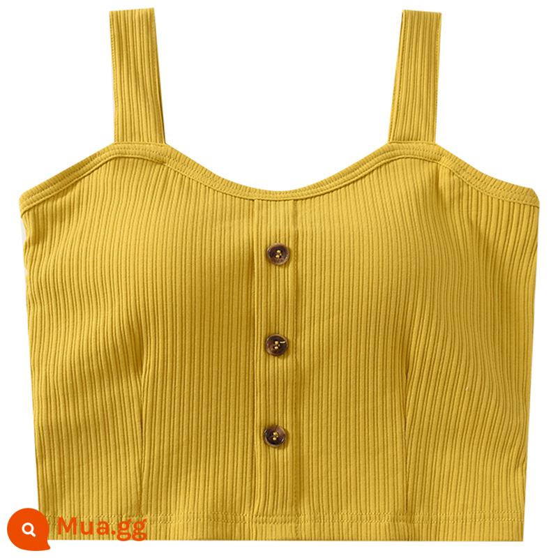 Áo vest ngắn bằng cotton phối ren có đệm ngực Áo khoác ngoài nữ kiểu Pháp không tay dây rốn dáng ôm vừa vặn đáy hợp thời trang - Màu vàng chanh