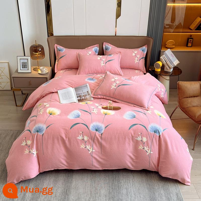 Bộ bốn mảnh cotton nguyên chất chải dày Tấm trải giường 100 cotton Vỏ chăn được trang bị tấm chăn ga gối đệm ký túc xá Vỏ chăn ba mảnh 4 - rượu vang