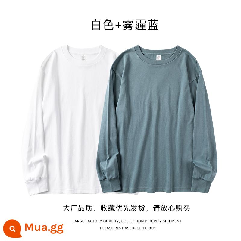 Mềm mại và thân thiện với làn da, màu trơn không trong suốt! Áo thun dài tay cotton dày 250g, kết cấu đơn giản, áo sơ mi có đáy phù hợp với tất cả - Trắng + xanh rêu