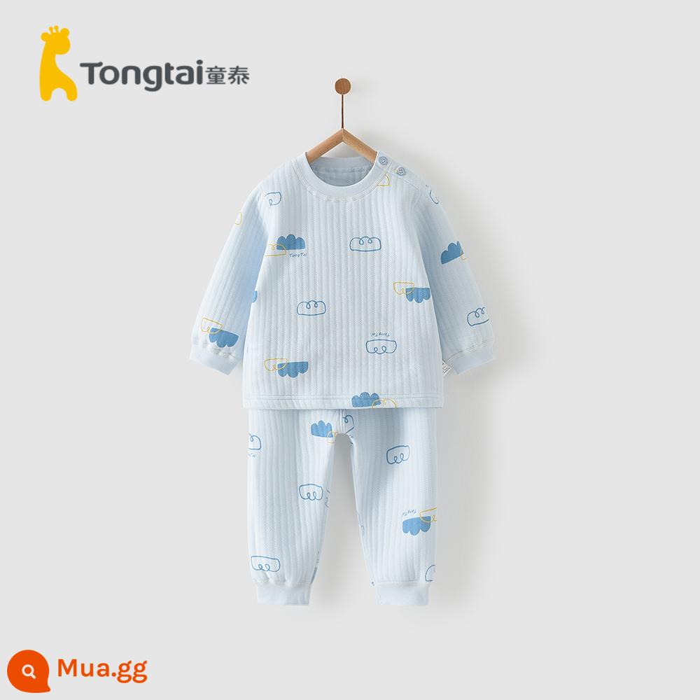 Tongtai thu đông 3 tháng - 3 tuổi trẻ sơ sinh và trẻ nhỏ cotton dài tay ấm áp mặc nhà hở vai Bộ đồ lót hở vai - màu xanh da trời