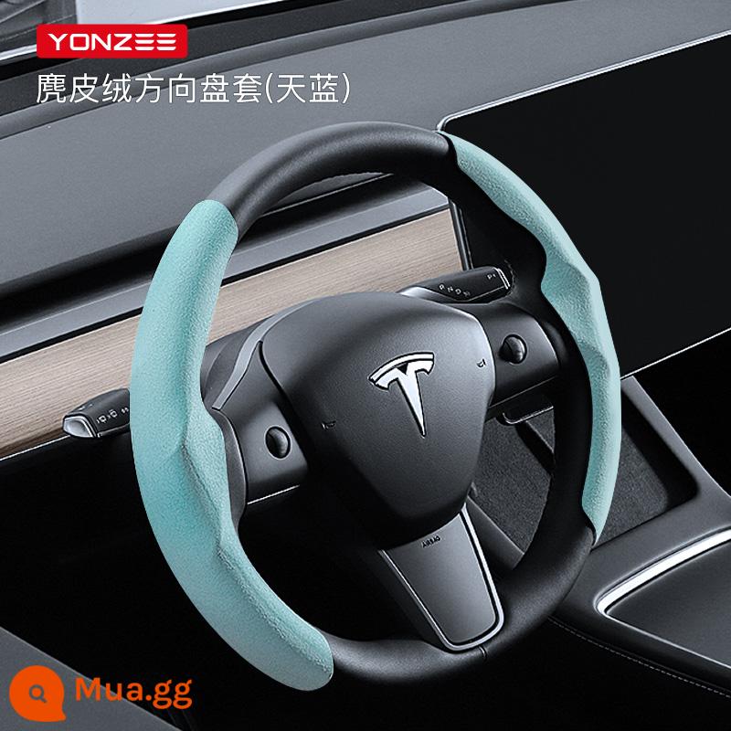 YZ phù hợp với phiên bản mới của Tesla Model 3Y bọc vô lăng mùa đông phụ kiện màu trắng trang trí - [Bản gốc chất lượng hàng đầu] Bọc vô lăng thể thao da lộn [Sky Blue]