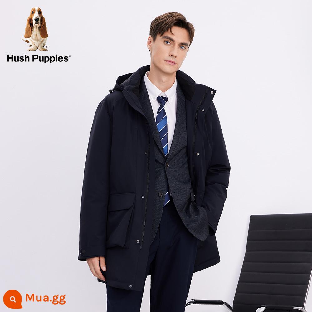 [Vỏ ấm cỡ lớn] Hush Puppies Nam 2023 Áo khoác đi làm ngoài trời mùa đông mặc gió ba lớp Áo khoác lông ngỗng chống thấm nước - 085 xanh đậm 2