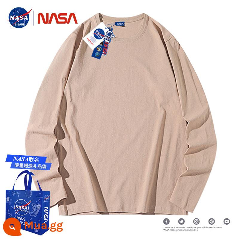 Áo thun cotton dày dặn dài tay thương hiệu NASA thu đông TT nữ cotton nguyên chất hợp thời trang dáng rộng cổ tròn có đáy áo sơ mi - Khaki