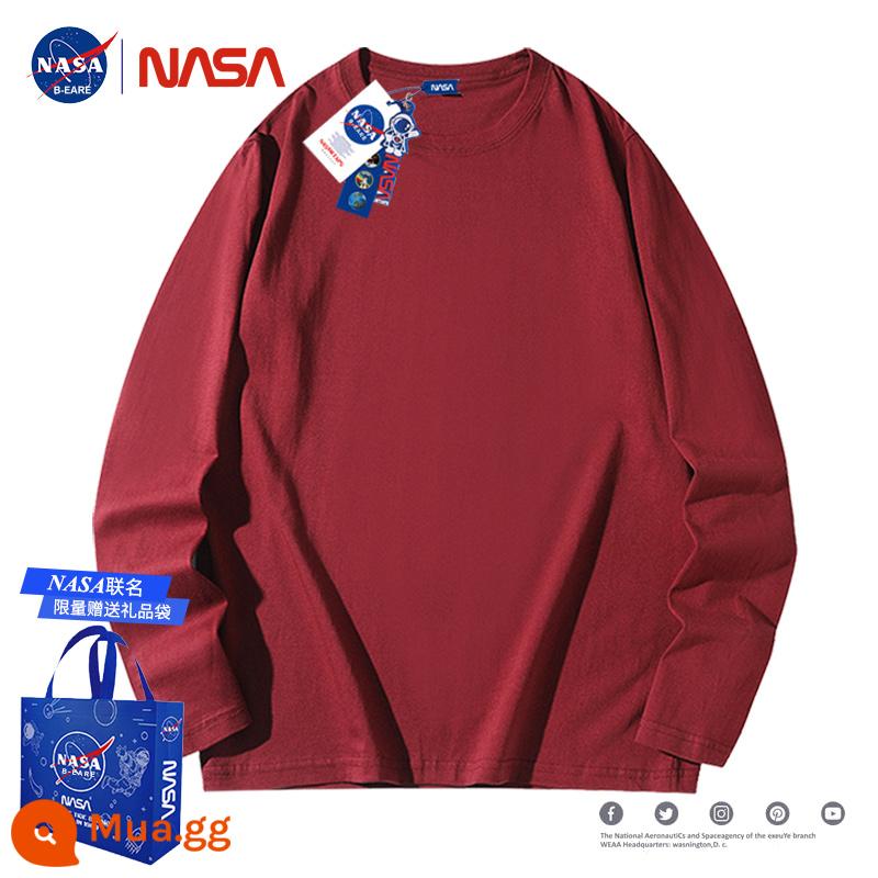 Áo thun cotton dày dặn dài tay thương hiệu NASA thu đông TT nữ cotton nguyên chất hợp thời trang dáng rộng cổ tròn có đáy áo sơ mi - rượu vang