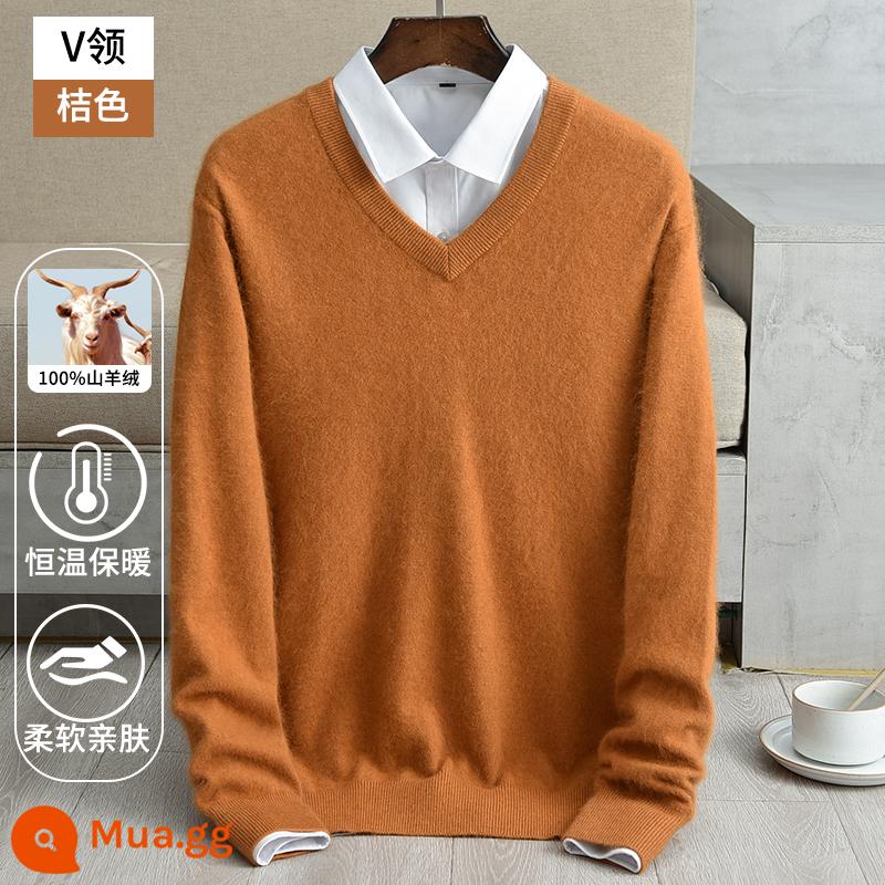 Ordos 100 Cashmere Pure Cashmere Đàn ông dày V -Neck Áo len mùa thu và mùa đông V -Neck Wool Shirt - Màu cam (cổ chữ V)