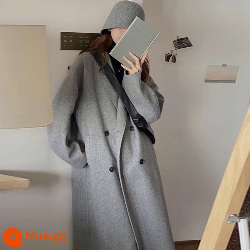 Áo khoác len cashmere trái mùa cho nữ dáng dài vừa mùa thu đông 2023 Áo khoác len cao cấp nhỏ mới phong cách Hàn Quốc - xám