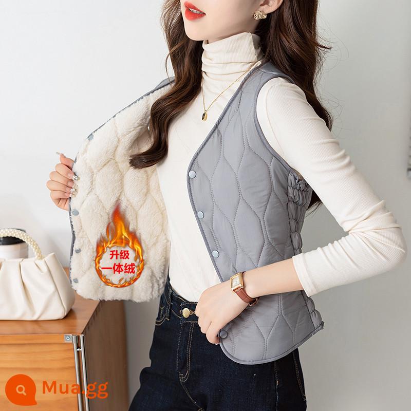 2023 Mới Mùa Thu Đông Xuống Cotton Áo Vest Nữ Nhung Dày Ấm Ngắn Cổ Chữ V Áo Mỏng Đa Năng Lớp Lót - Màu xám-[phiên bản nâng cấp của nhung một mảnh]