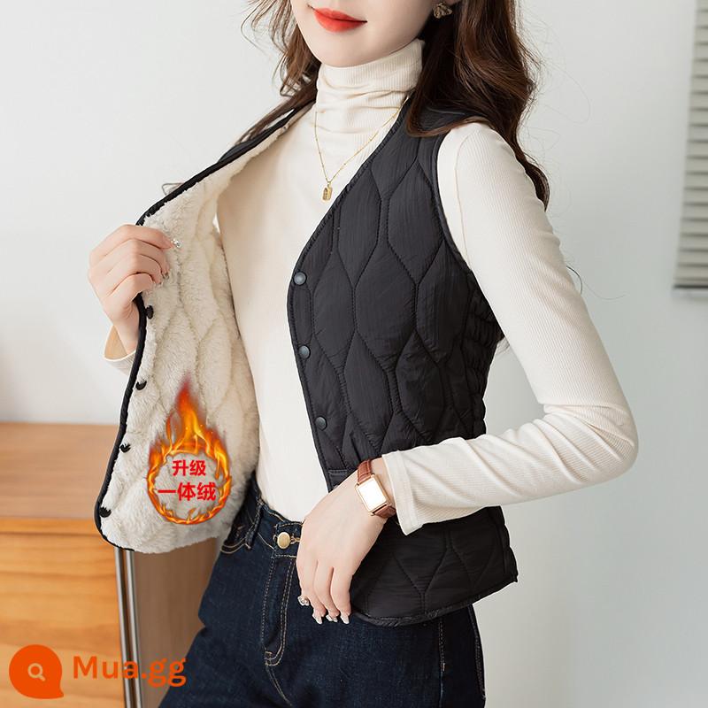 2023 Mới Mùa Thu Đông Xuống Cotton Áo Vest Nữ Nhung Dày Ấm Ngắn Cổ Chữ V Áo Mỏng Đa Năng Lớp Lót - Đen-[Phiên bản nâng cấp của nhung một mảnh]