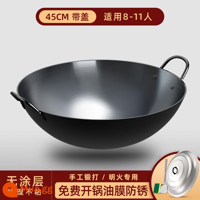 Zhangqiu handmade chảo sắt không tráng đáy tròn lớn chảo sắt chống dính hộ gia đình chảo đôi tai thương mại chảo 920 - 45 cm * được rèn bằng tay * chảo hai tai + nắp thép không gỉ + thìa thép không gỉ