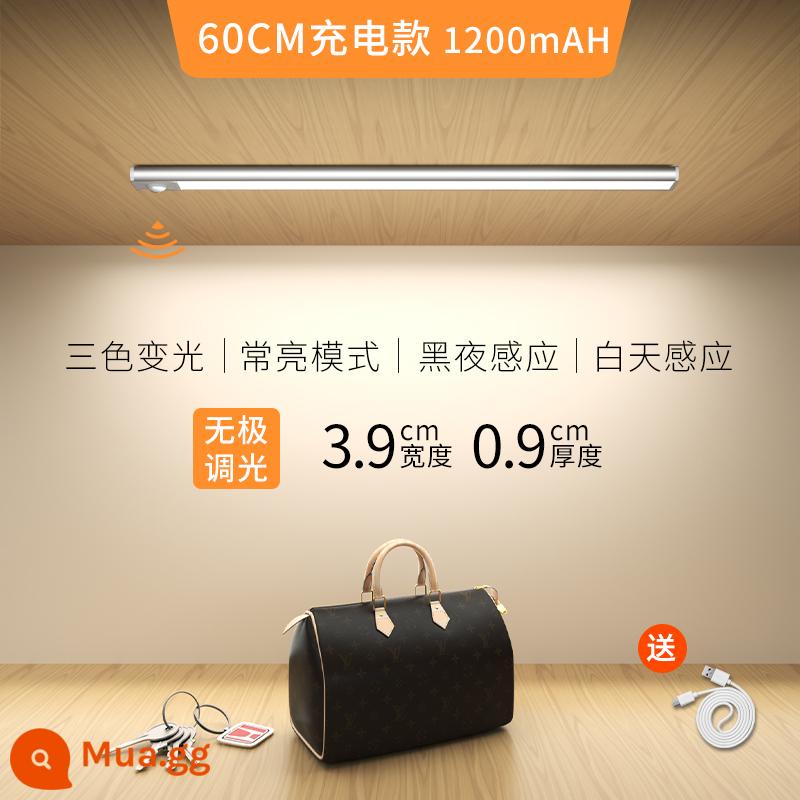 Thanh ánh sáng có thể sạc lại Đèn LED với cơ thể con người cảm ứng không dây tự dính từ tính tích hợp tủ bếp tủ rượu tủ giày tủ quần áo 383 - Nhôm bạc tinh luyện 60 cm + đèn ba màu [có thể sạc lại + cảm ứng cơ thể con người + điều chỉnh độ sáng vô cấp + lực hút nam châm]