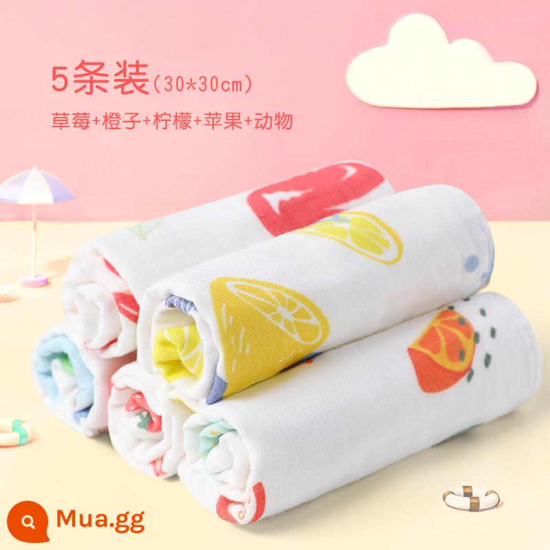 Khăn trẻ em Jie Liya cotton nguyên chất cotton rửa mặt hộ gia đình khăn gạc cho bé khăn tắm bé gái và bé trai - [5 Gói] Cam Dâu (30*30cm) 6 lớp sợi