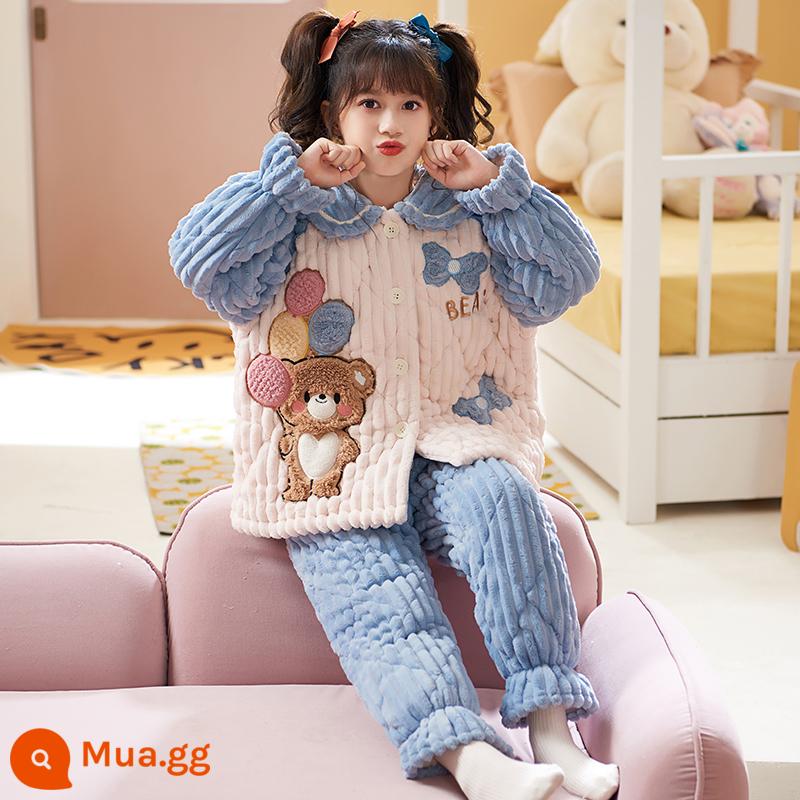 Bộ đồ ngủ bé gái trẻ em mùa thu đông flannel ba lớp chần bông san hô phù hợp với bé gái lớn bé trai quần áo mặc ở nhà - 34021