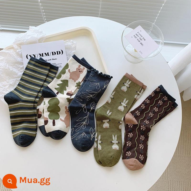 Vớ nữ thu đông hàng mới xanh đậm hoa ins sen vớ nữ thỏ thủy triều vớ cotton phiên bản Hàn Quốc - hoa cà phê