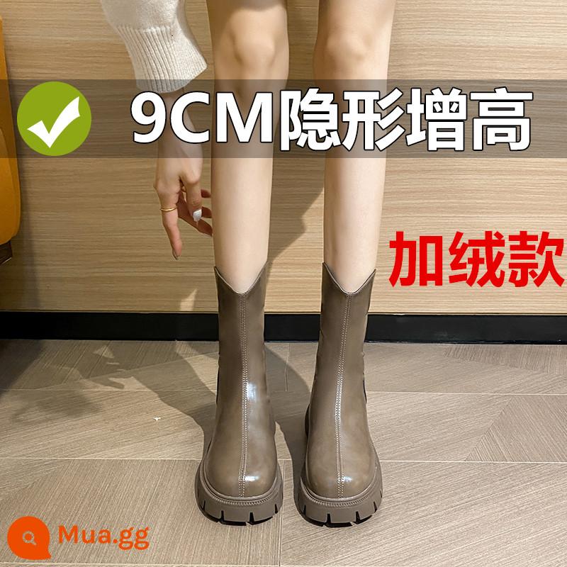 Giày cao gót giày cao cấp của Nữ trong mùa thu và mùa đông New British dày Boots Lean Boot - [Lông cừu] Nâu - Tăng chiều cao thêm 9cm