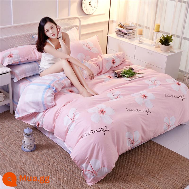 100% cotton cotton nguyên chất 4 mảnh lưới đỏ phong cách ins phong cách 1.8m ga trải giường vỏ chăn mùa thu vỏ chăn ga gối 4 món Bộ 3 - Hạnh phúc màu hồng