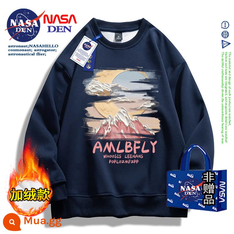 Áo thun cotton dày dài tay đồng thương hiệu NASA dành cho nam và nữ, áo khoác thương hiệu thời trang Mỹ xuân thu đông - Màu xanh hải quân (cộng với nhung)