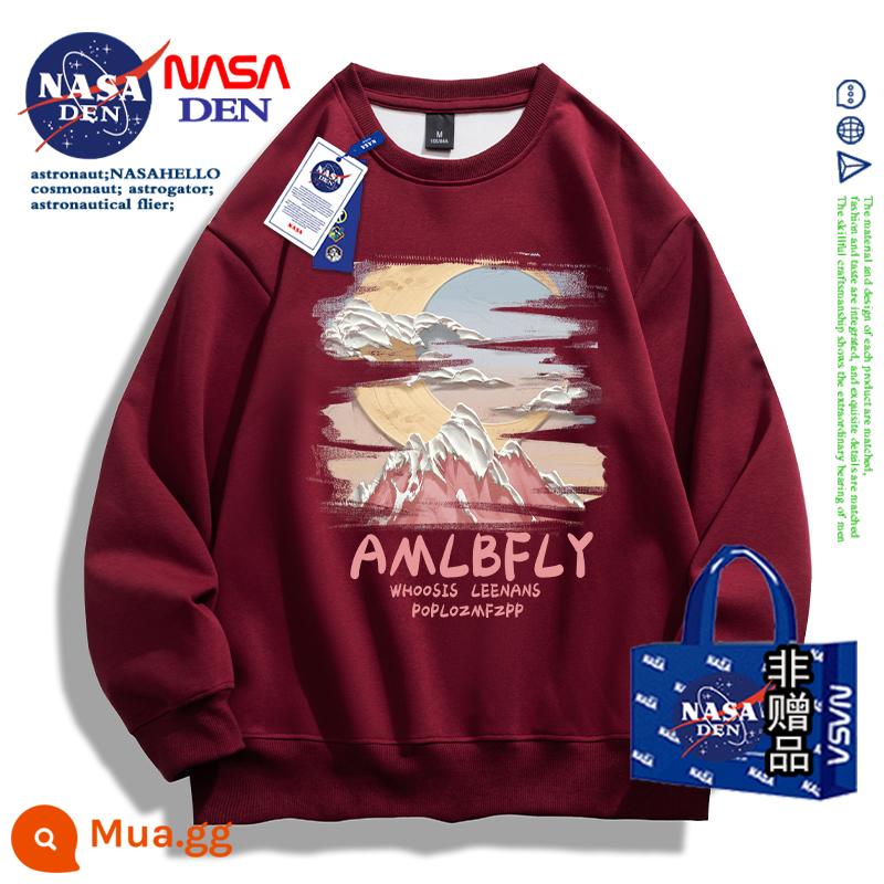 Áo thun cotton dày dài tay đồng thương hiệu NASA dành cho nam và nữ, áo khoác thương hiệu thời trang Mỹ xuân thu đông - rượu vang