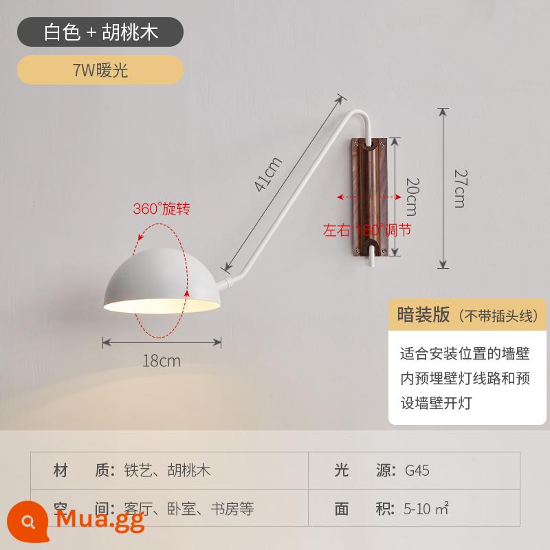 Tối Giản Nhật Bản Đầu Giường Đèn Tường Bắc Âu Hiện Đại Tối Giản Gỗ Phòng Khách Phòng Ngủ Nghiên Cứu Đọc Xoay Đính Đá Đèn - Trắng + óc chó - đèn ấm 7 watt (phiên bản giấu) không có dây cắm