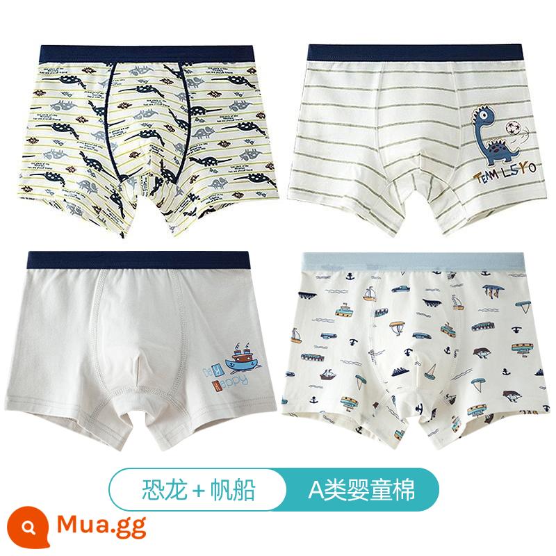 Quần lót trẻ em Langsha bé trai cotton nguyên chất thoáng khí bé trai cotton trung và lớn bé trai quần lót boxer 100%ZL - Khủng long+Thuyền buồm