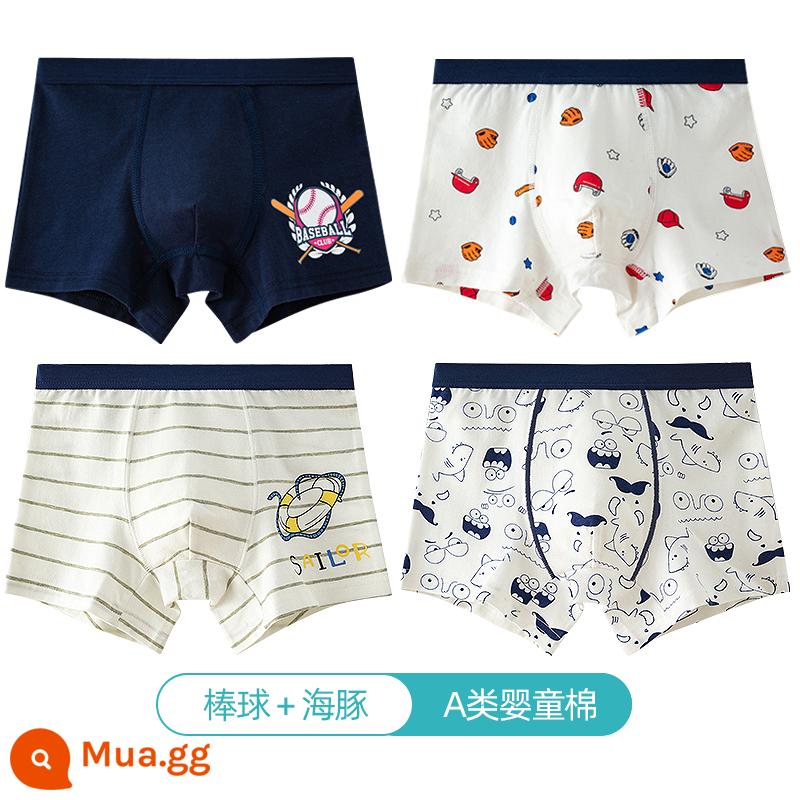 Quần lót trẻ em Langsha bé trai cotton nguyên chất thoáng khí bé trai cotton trung và lớn bé trai quần lót boxer 100%ZL - Bóng chày + Cá heo