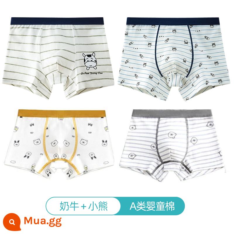 Quần lót trẻ em Langsha bé trai cotton nguyên chất thoáng khí bé trai cotton trung và lớn bé trai quần lót boxer 100%ZL - Bò+Gấu