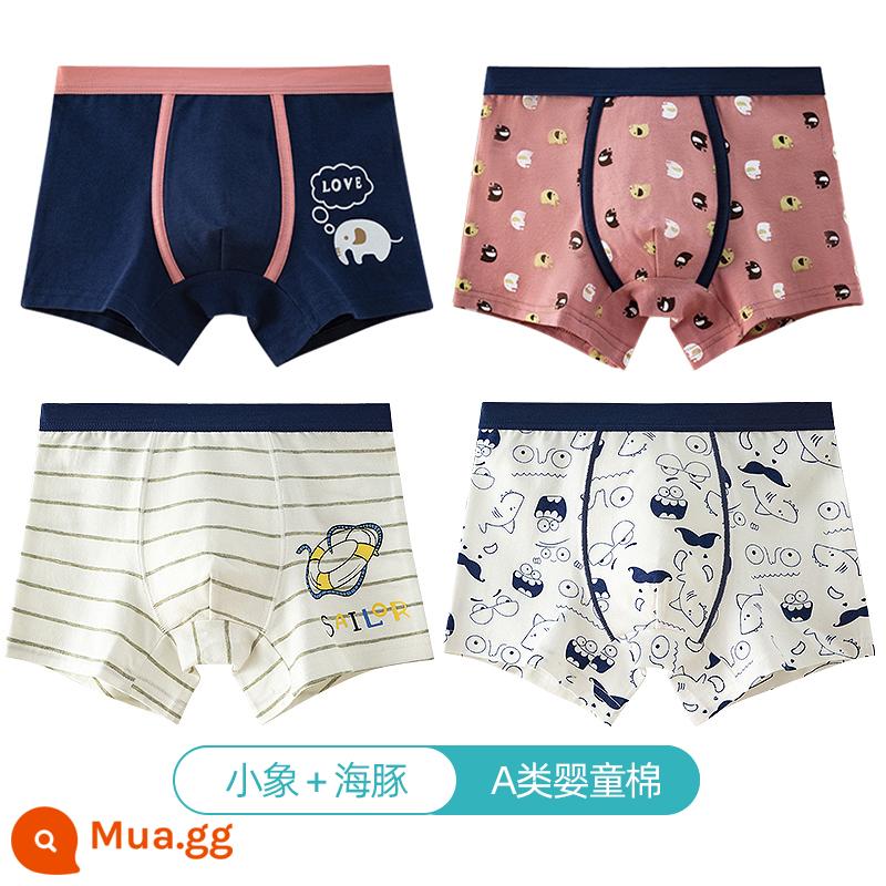 Quần lót trẻ em Langsha bé trai cotton nguyên chất thoáng khí bé trai cotton trung và lớn bé trai quần lót boxer 100%ZL - voi con + cá heo