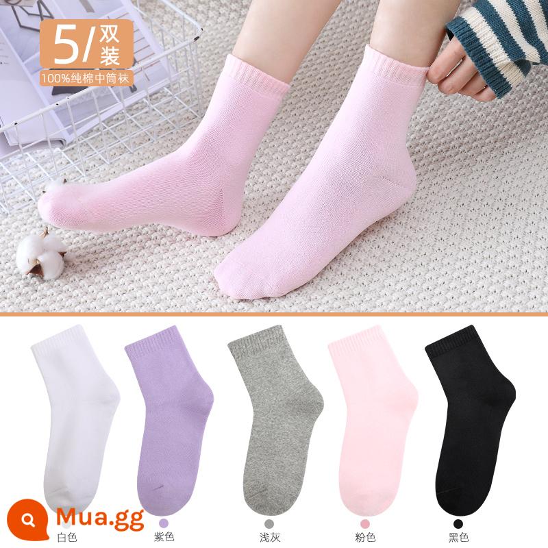 Vớ Langsha nam cotton nguyên chất mùa thu đông dày giữa ống Plus nhung ấm bông tất ống dài khăn sàn tất - Mẫu nữ 3687丨Hồng 1 xám nhạt 1 tím 1 trắng 1 đen 1