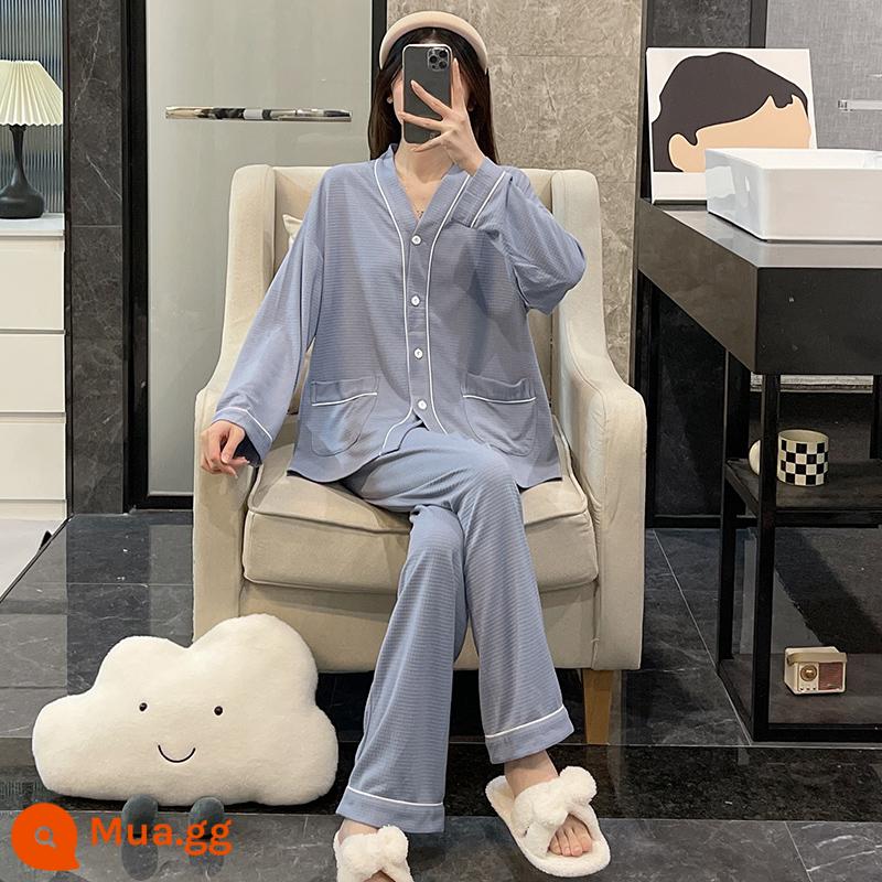 Bộ đồ ngủ nữ mùa xuân và mùa thu 2022 cotton dài tay cỡ lớn màu đen lưới đỏ phong cách áo khoác ngoài mùa đông phù hợp với dịch vụ tại nhà - WD-2179-Xanh